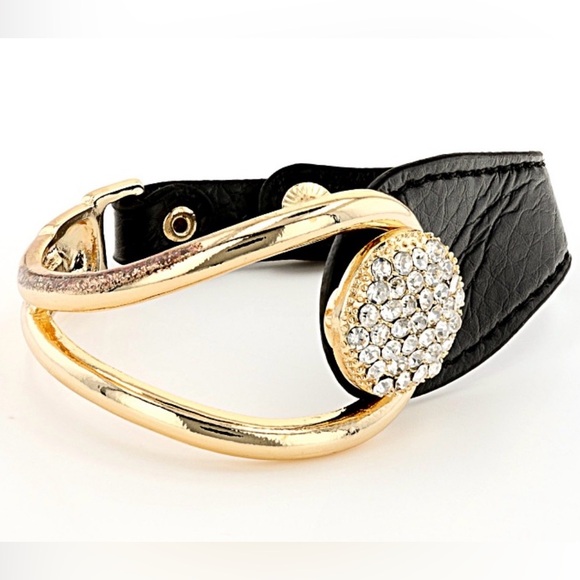 Off Park Collection White Crystal Black Imitation Leather Gold Tone Bracelet - Picture 5 of 5